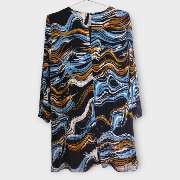 Nine West Womens Dress Sz 14 Pleated‎ Mod 70s Trend Style Chiffon Swirl Black - Picture 2 of 12